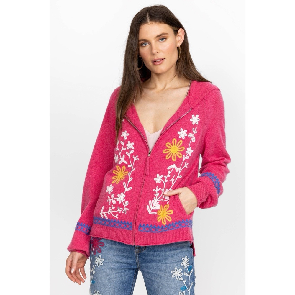 Johnny Was Ryan Zip Up Hoodie Wool Cashmere Blend Floral Embroidered Pink $528
